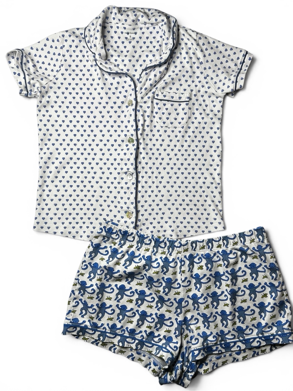 Roller Rabbit Pajama Set Blue Hearts Top Small & Monkey Shorts Medium Mismatched